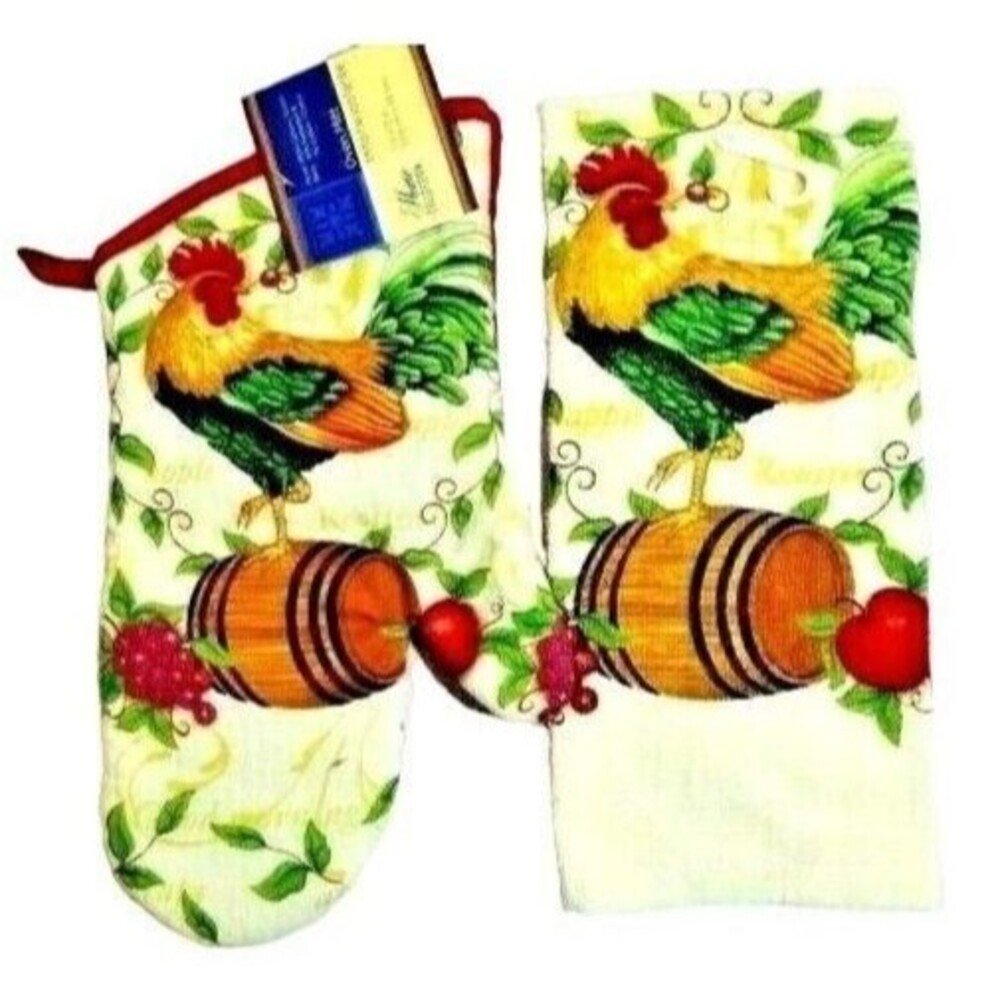 Rooster on Wine Barrel Kitchen Towel Oven Mitt 2pc Grapes Apple Farmhouse Gift